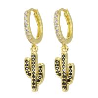 Huggie Hoop Drop Earring, laiton, Opuntia Stricta, Placage de couleur d'or, pavé de micro zircon & pour femme, noire, 30mm, Vendu par paire