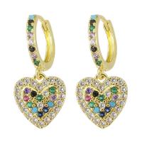 Huggie Hoop Drop Earring, laiton, coeur, Placage de couleur d'or, pavé de micro zircon & pour femme, multicolore, 26mm, Vendu par paire