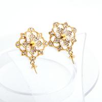 Brass Earring Stud Component, real gold plated, with rhinestone, golden 