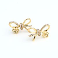 Brass Earring Stud Component, Bowknot, real gold plated, with rhinestone, golden 