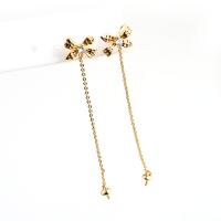 Brass Earring Drop Component, Bowknot, real gold plated, with rhinestone, golden 