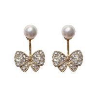 Zinc Alloy Rhinestone Stud Earring, with Plastic Pearl, zinc alloy post pin, Bowknot, plated, for woman & with rhinestone, golden, 6-36mm 