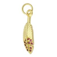 Cubic Zirconia Micro Pave Brass Pendant, Feather, gold color plated, fashion jewelry & DIY & micro pave cubic zirconia, red Approx 4mm 