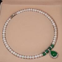 Freshwater Pearl Brass Necklace, with Green Agate & Brass, Teardrop, silver color plated, for woman, white, 7-8mm .72 Inch 