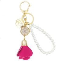 Zinc Alloy Key Chain Jewelry, PU Leather, with Plastic Pearl & Zinc Alloy, Rose, gold color plated, for woman & with rhinestone 