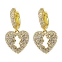 Huggie Hoop Drop Earring, laiton, coeur, Placage de couleur d'or, pavé de micro zircon & pour femme & creux, 30mm, Vendu par paire