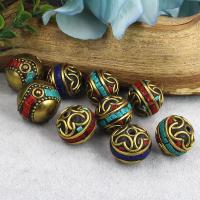 Brass Jewelry Beads, with Gelatin & turquoise, Round, gold color plated, vintage & folk style & DIY 18mm,15mm Approx 2.5mm 