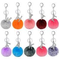 Fur Plush Key Chain, Zinc Alloy, with Rabbit Fur & Iron, Alphabet Letter, plated & for woman & with rhinestone 