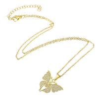 Cubic Zircon Micro Pave Brass Necklace, with 304 Stainless Steel Chain, Butterfly, gold color plated, micro pave cubic zirconia & for woman Approx 20 Inch 