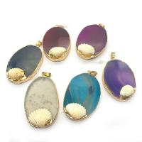 Agate Brass Pendants, with Shell & Brass, Oval, gold color plated, Unisex 