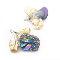 Cultured Freshwater Pearl Brass Pendant, with Ice Quartz Agate & Resin & Brass, platinum color plated, Unisex, mixed colors 