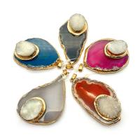 Agate Brass Pendants, with Ice Quartz Agate & Brass, irregular, gold color plated, Unisex 36x70- 