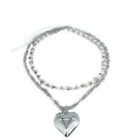 Stainless Steel Jewelry Necklace, 314 Stainless Steel, with Plastic Pearl, with 3.7inch, 5.3inch extender chain, Heart, Double Layer & for woman, original color Approx 12.2 Inch, Approx  15.7 Inch 