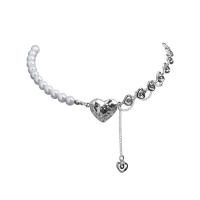Stainless Steel Jewelry Necklace, Zinc Alloy, with Plastic Pearl, with 1.96inch extender chain, Heart, platinum color plated, fashion jewelry & for woman Approx 17 Inch 