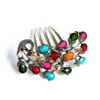 Decorative Hair Combs, Zinc Alloy, with Resin Rhinestone, Peacock, gold color plated, for woman 