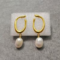 Freshwater Pearl Brass Earring, with Freshwater Pearl, real gold plated, fashion jewelry & for woman, 45mm 
