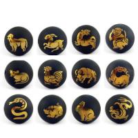 Natural Black Agate Beads, Round, gilding, with chinese zodiac pattern & DIY & frosted, black, 10-14mm 
