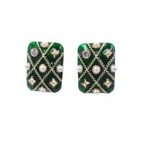 Enamel Zinc Alloy Stud Earring, with Plastic Pearl, gold color plated, for woman & with rhinestone 