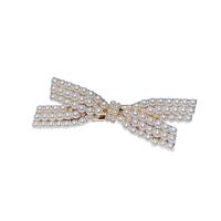 Alligator Hair Clip, Brass, with Rhinestone & Plastic Pearl, Bowknot, gold color plated & for woman, white, 51mm 