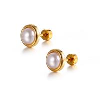Titanium Steel Earrings, with Plastic Pearl, titanium post pin, for woman, golden 