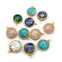 Gemstone Brass Pendants, with brass wire, Round, gold color plated 
