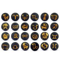 Natural Black Agate Beads, Round, gilding, DIY & with constellation symbols & frosted, black, 12-14mm 