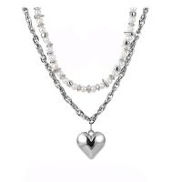 Natural Freshwater Pearl Necklace, 314 Stainless Steel, with Freshwater Pearl, with 3.1inch, 3.9inch extender chain, Heart, Double Layer & fashion jewelry & for woman Approx 13 Inch, Approx  16.5 Inch 