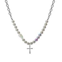 Rhinestone Zinc Alloy Necklace, with Plastic Pearl, Cross, platinum color plated, oval chain & for woman & with rhinestone Approx 20.9 Inch 