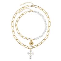 Plastic Pearl Necklace, Zinc Alloy, with Plastic Pearl, with 1.97inch extender chain, Cross, gold color plated, 2 pieces & fashion jewelry & for woman Approx 15.75 Inch 