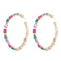 Rhinestone Hoop Earring, with Brass, Donut, gold color plated, for woman, multi-colored, 75mm 