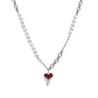 Stainless Steel Jewelry Necklace, 314 Stainless Steel, with Plastic Pearl, with 1.96inch extender chain, Heart, fashion jewelry & for woman & enamel Approx 18.8 Inch 
