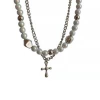 Stainless Steel Jewelry Necklace, 314 Stainless Steel, with Glass Beads, with 1.96inch extender chain, Cross, Double Layer & fashion jewelry & for woman Approx 18.1 Inch 