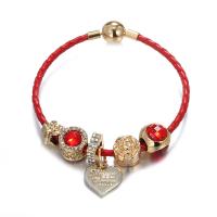 Zinc Alloy European Bracelets, Brass, with Leather & Zinc Alloy, Heart, anti-fatigue & for woman & with rhinestone, mixed colors 