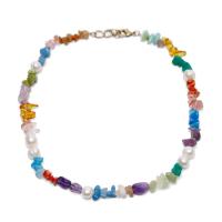 Gemstone Necklaces, Natural Gravel, with Plastic Pearl & Zinc Alloy, for woman, mixed colors cm 