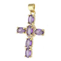 Cubic Zirconia Micro Pave Brass Pendant, Cross, gold color plated, fashion jewelry & micro pave cubic zirconia & for woman, purple Approx 3mm 