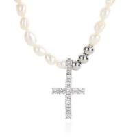 Titanium Steel Jewelry Necklace, with pearl, Cross, Unisex & with rhinestone, white, 40.5mm Approx 19.69 Inch 