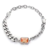 Titanium Steel Bracelet & Bangle, with Cubic Zirconia & Plastic Pearl, Unisex & faceted 