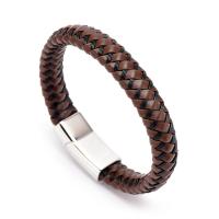 PU Leather Cord Bracelets, with Titanium Steel, silver color plated, for man, brown .09 Inch 