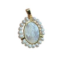 Cultured Freshwater Pearl Brass Pendant, White Shell, with Freshwater Pearl & Brass, Round, gold color plated, DIY & micro pave cubic zirconia, golden 