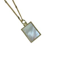 Shell Necklace, Brass, with White Shell, Rectangle, gold color plated, for woman, golden .71 Inch 