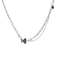 Stainless Steel Jewelry Necklace, 314 Stainless Steel, with zinc alloy pendant & Plastic Pearl, with 1.96inch extender chain, Butterfly, for woman & with rhinestone Approx 16.9 Inch 