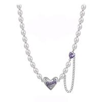 Stainless Steel Jewelry Necklace, 314 Stainless Steel, with zinc alloy pendant & Plastic Pearl, with 1.96inch extender chain, Heart, with letter pattern & for woman & with rhinestone Approx 16.5 Inch 