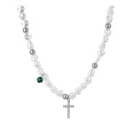 Stainless Steel Jewelry Necklace, 314 Stainless Steel, with Plastic Pearl, with 1.96inch extender chain, Cross, Unisex & with rhinestone Approx 15.3 Inch 