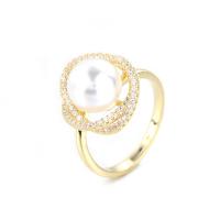 Pearl Brass Finger Ring, with Plastic Pearl, micro pave cubic zirconia & for woman 17mm 