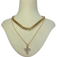 Shell Necklace, 304 Stainless Steel Chain, with White Shell & Brass, Cross, gold color plated, for woman, golden .96 Inch, 17.72 Inch 