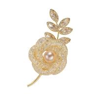 Freshwater Pearl Brooch, Brass, with Freshwater Pearl, Rose, 18K gold plated, micro pave cubic zirconia & for woman 