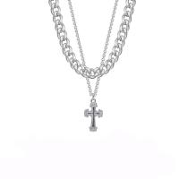 Stainless Steel Jewelry Necklace, 314 Stainless Steel, with zinc alloy pendant, Cross, Double Layer & Unisex & with rhinestone Approx 17.3 Inch 