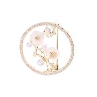 Cubic Zirconia Brooch, Brass, with White Shell & Plastic Pearl, Plum Blossom, real gold plated, micro pave cubic zirconia & for woman & hollow 