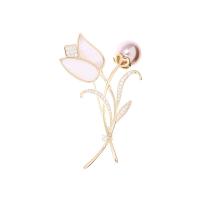 Cubic Zirconia Brooch, Brass, with White Shell & Plastic Pearl, Flower, real gold plated, micro pave cubic zirconia & for woman 