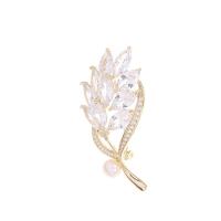 Cubic Zirconia Brooch, Brass, with Plastic Pearl, Flower, real gold plated, micro pave cubic zirconia & for woman 